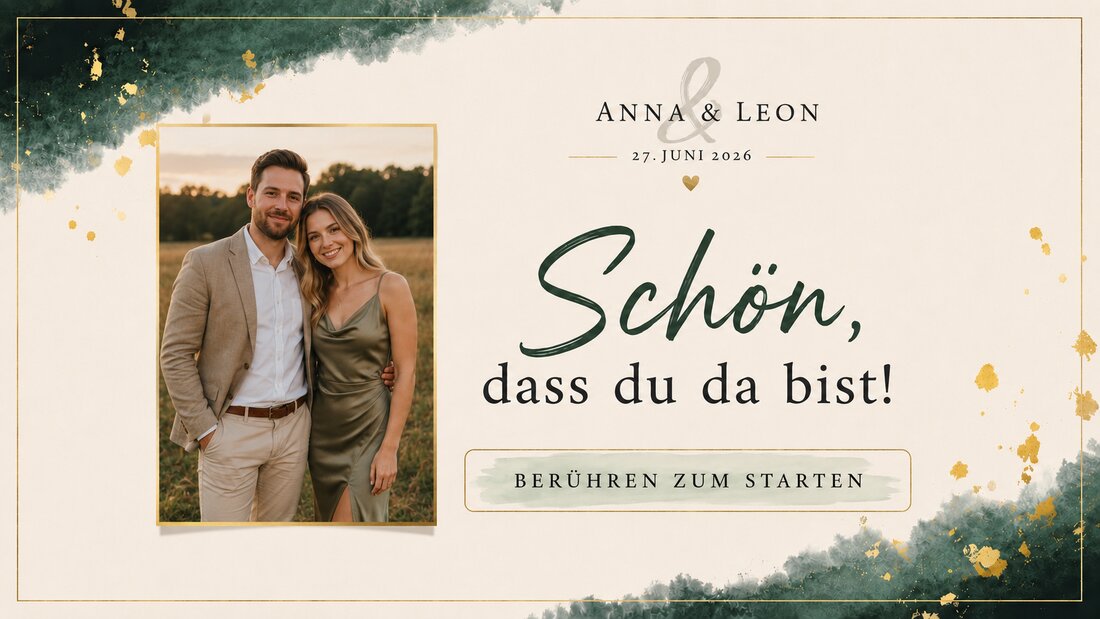 Beispiel eines Fotobox-Startbildschirms, passend zur Einladungskarte gestaltet