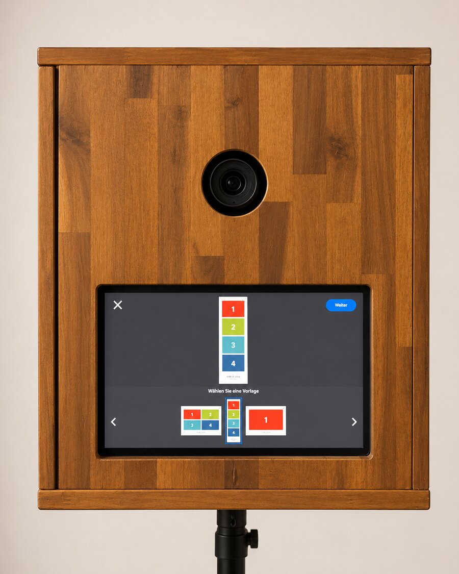 Echte Fotobox von abuska media mit Vorlagen-Auswahl auf dem Touchscreen